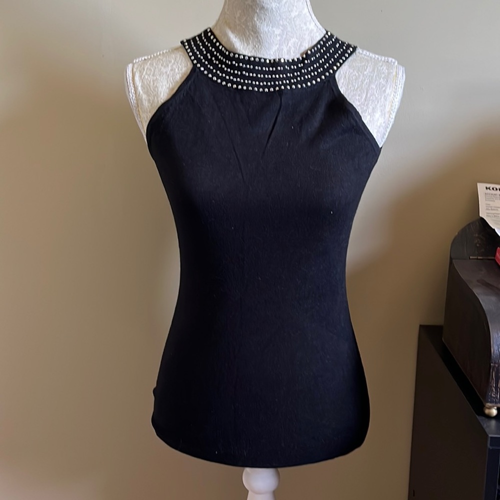WHBM Black Knit Top with “Jeweled” Neckline